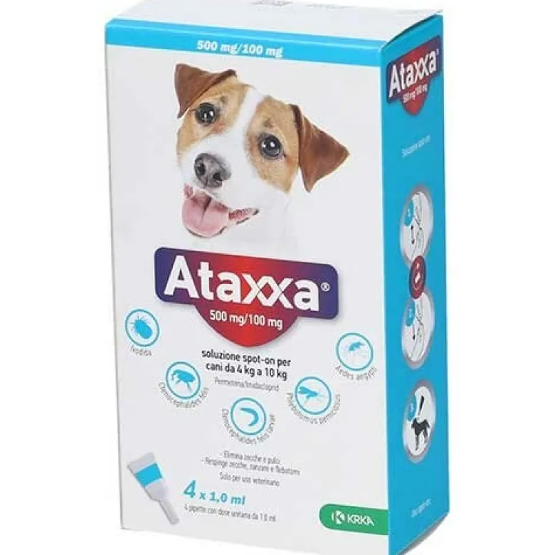 Ataxxa 500 mg/100 mg soluzione spot-on per cani da 4 kg a 10 kg - 500 mg + 100 mg soluzione spot on per cani da 4 a 10 kg 4 pipette da 1 ml