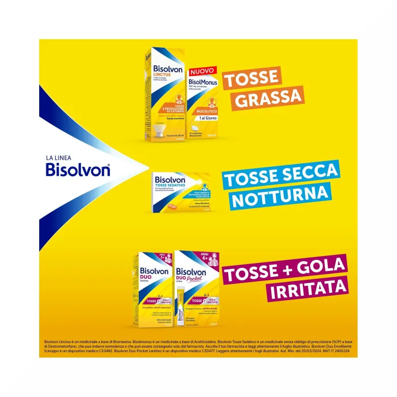 Bisolvon Duo Pocket Lenitivo Sciroppo in Bustina Contro Tosse e Gola Irritata Adulti Bambini 12 Bustine Monodose
