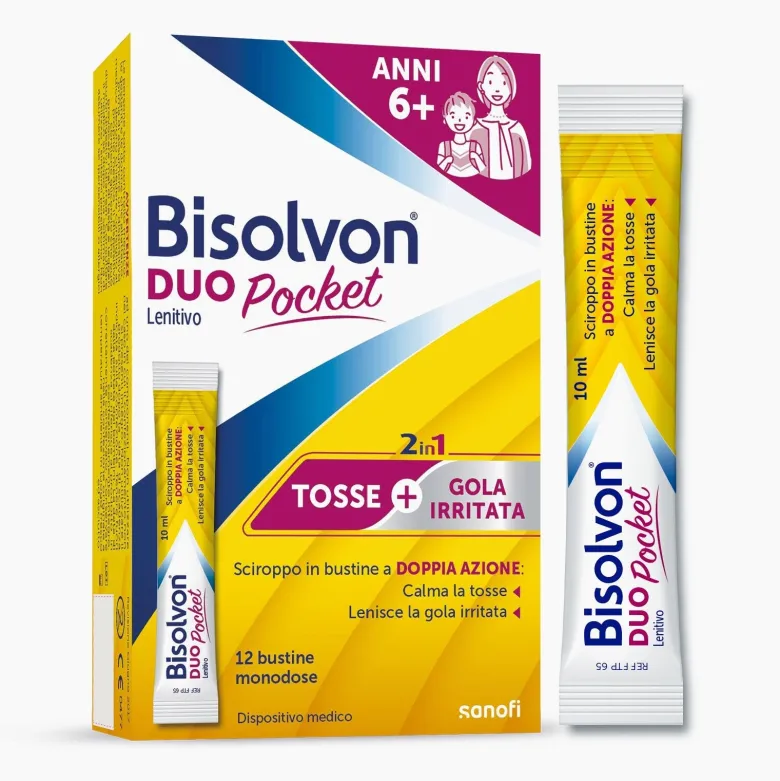 Bisolvon Duo Pocket Lenitivo Sciroppo in Bustina Contro Tosse e Gola Irritata Adulti Bambini 12 Bustine Monodose