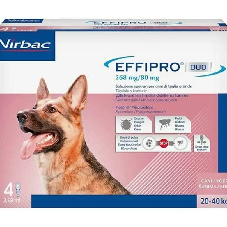 Effipro duo spot-on cani - 268 mg + 80 mg soluzione spot on per cani da 20 a 40 kg 4 pipette 2,68 ml