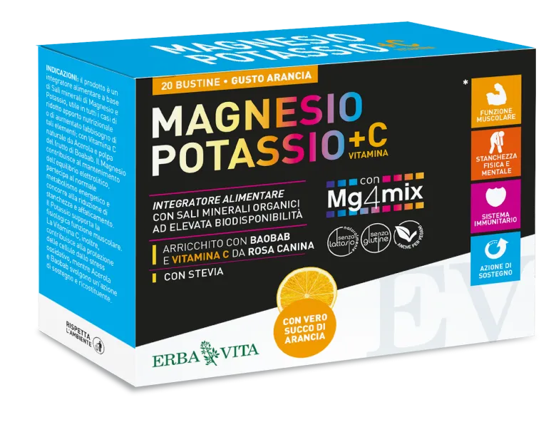 Erba Vita Magnesio e Potassio + Vitamina C Integratore Vitamine e Sali Minerali 20 Bustine