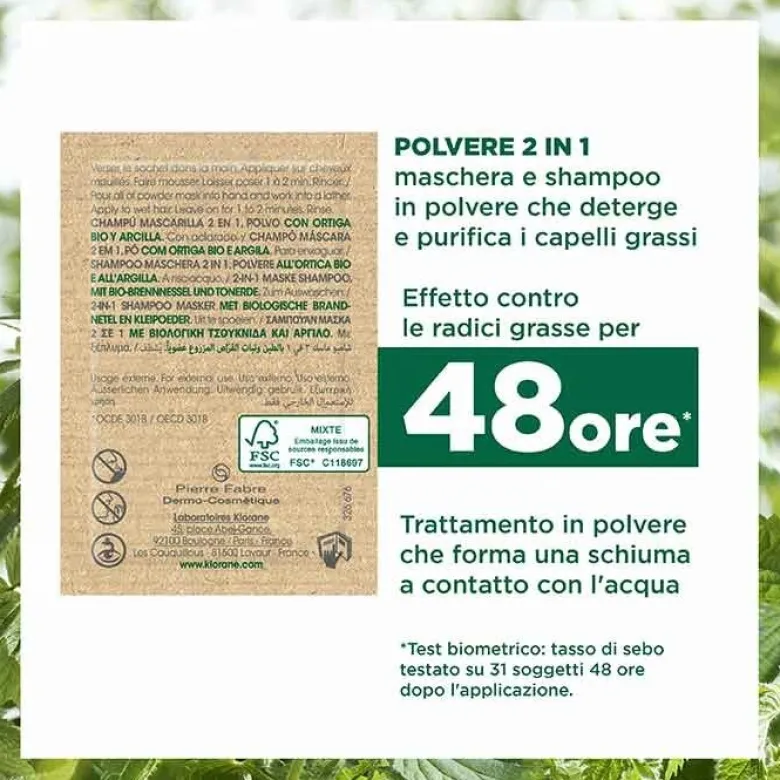 Klorane Shampoo Maschera 2 in 1 all'Ortica Bio e Argilla 24 g