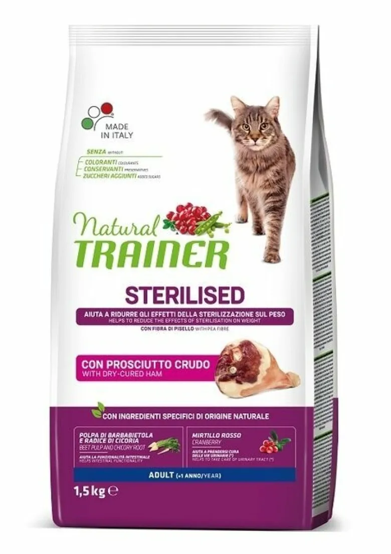 Natural Trainer Crocchette Prosciutto Crudo Gatto Sterilised Adult 1,5kg