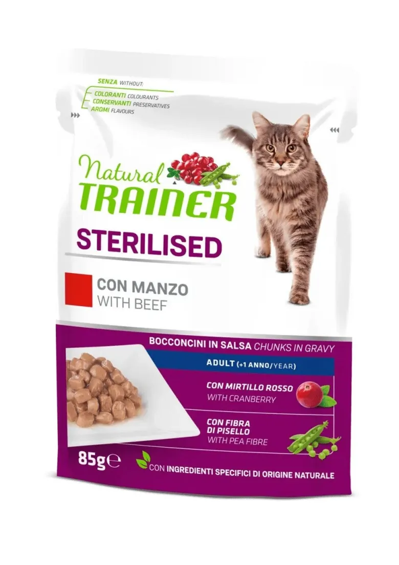 Natural trainer gatto sterilised adult con manzo bocconcini in salsa 85g