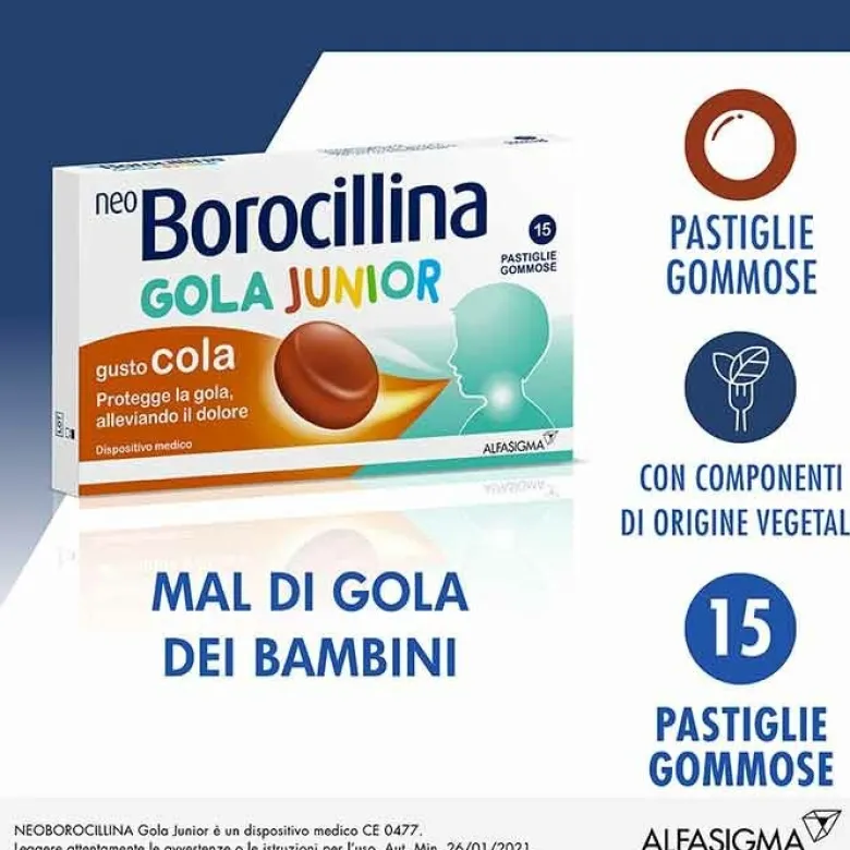 Neoborocillina gola junior per mal di gola 15 pastiglie cola