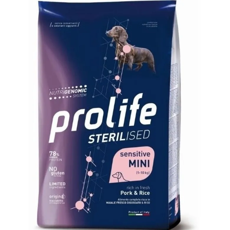 Prolife dog sterilised sensitive maiale e riso cibo secco per cani taglia piccola sacco 2kg
