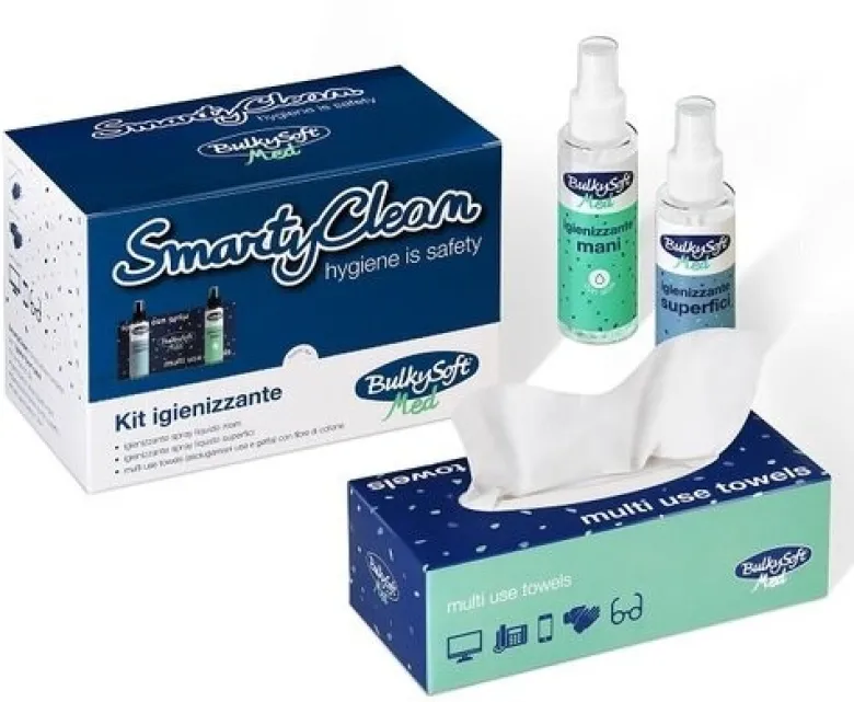 Smarty clean kit con igienizzante spray liquido mani + igienizzante spray liquido superfici + asciugamani usa e getta con fibra di cotone